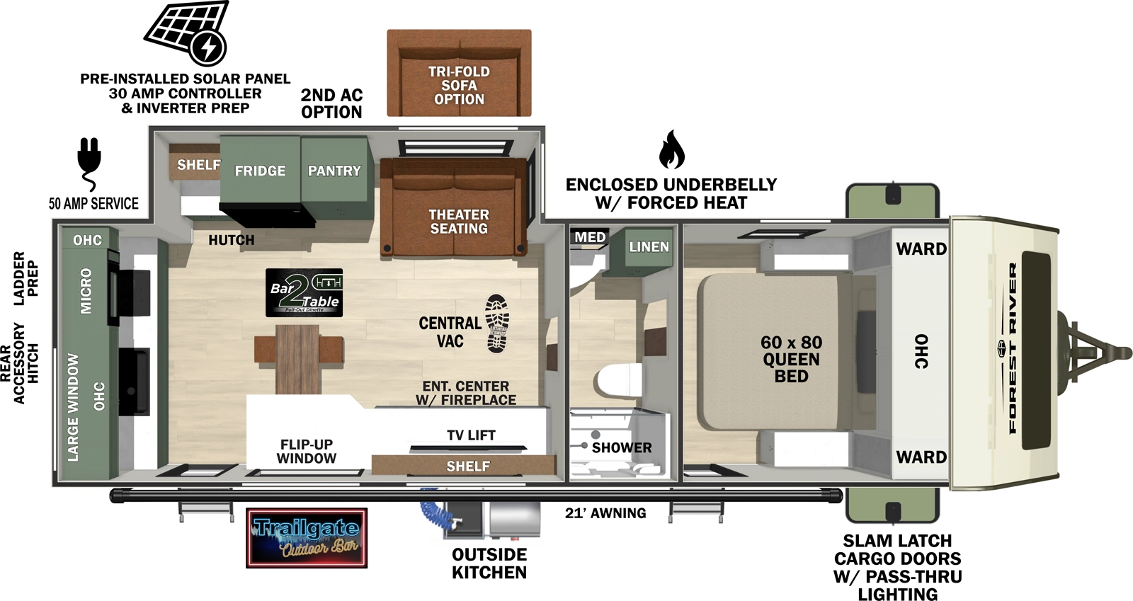 The No Boundaries NB20.6 floorplan has two entries and one slide out. Exterior features include: fiberglass exterior, 21' awning and outside kitchen. Interiors features include: rear kitchen, front bedroom and pass through bathroom.
